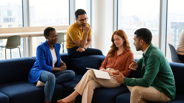 Team collaboration during afternoon meeting in modern office