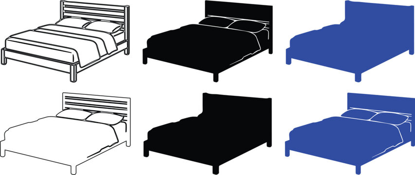 Modern double bed icon set, 6 bedroom furniture vector illustrations, minimalist sleeping bed silhouettes in black blue and line art style