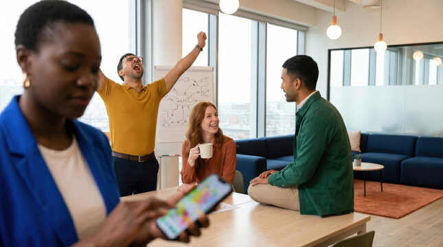 Team celebrating success during collaboration in modern office