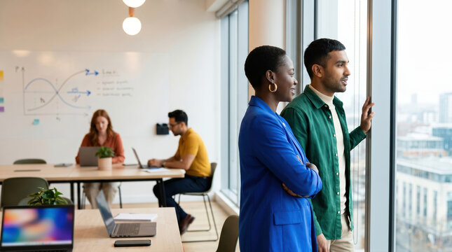 Diverse team brainstorms and plans projects in modern office