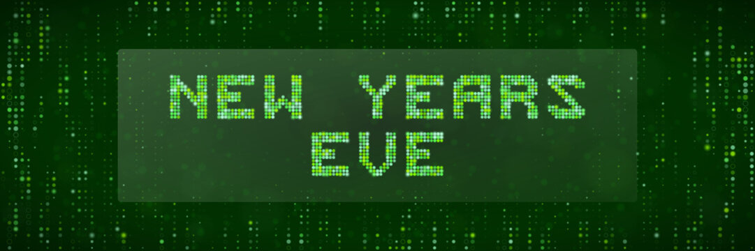 Digital New Years Eve Celebration Background with Green Matrix Code Style Typography and Glowing Pixelated Text