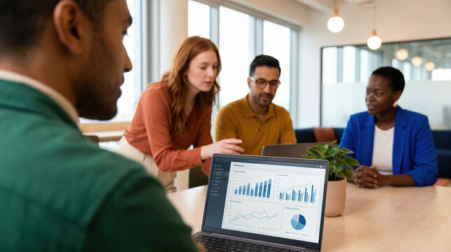 Diverse team meeting to review data analytics in office