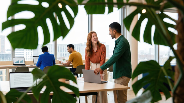 Diverse business team collaborating in modern office workspace