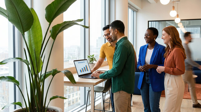 Team reviewing business data and growth plan in modern office