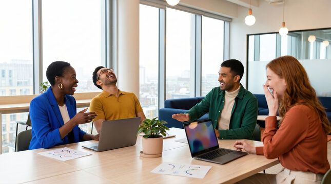 Business team sharing ideas and laughing in modern office
