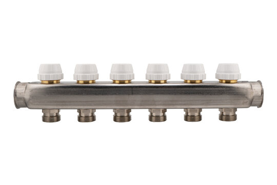 Hydronic control appliances for underfloor heating and cooling. Manifold assembly for floor heating. Collector group with 6 outputs. Isolated on a white background