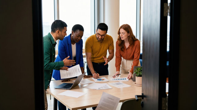 Diverse team collaborating in office meeting on project plans