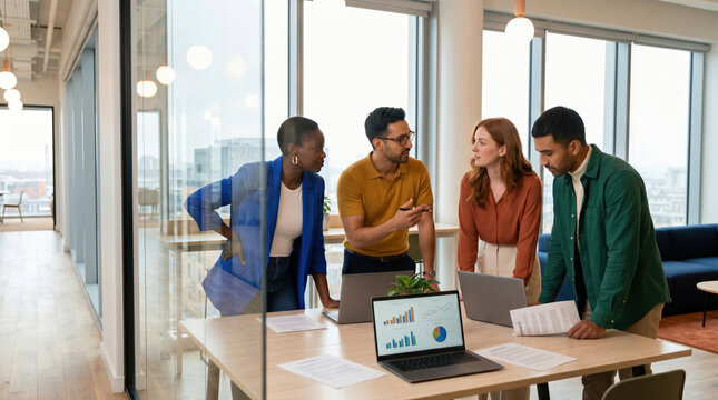 Business team meeting in modern office with charts and reports