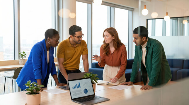 Business team discusses project progress in modern office