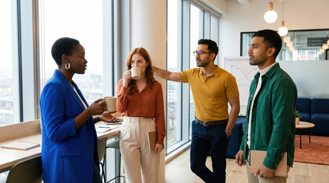 Four professionals brainstorm project ideas in modern office