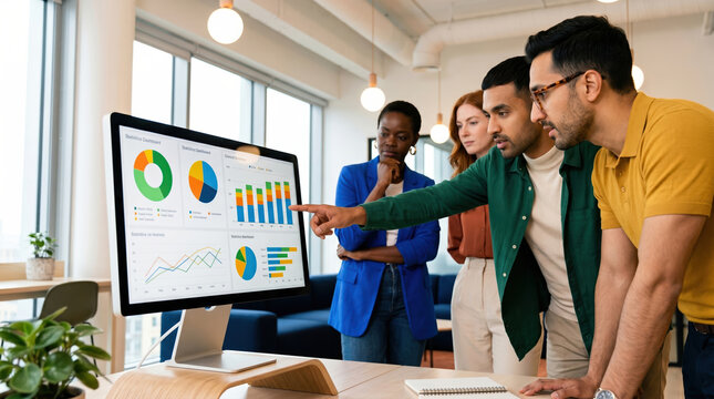 Business team reviewing sales data on office dashboard