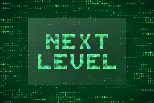 Next Level Digital Text Concept with Green Pixelated Matrix Background for Gaming and Technology Progress Themes