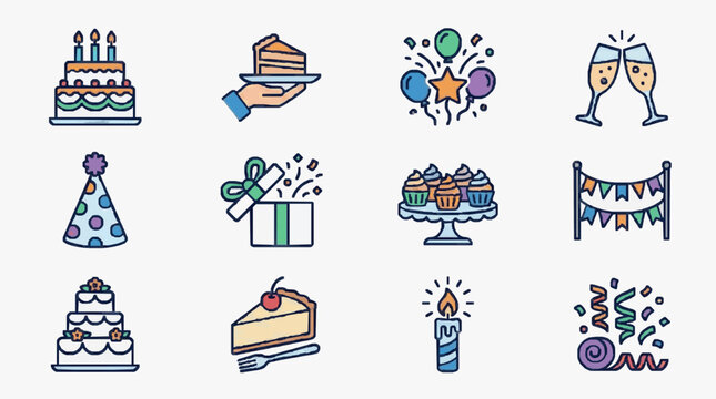 Elegant Colorful Celebration Icons Set Showcasing Birthday Party Elements Like Cake Balloons Champagne Cupcakes and Decorations
