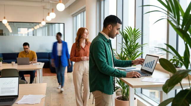 Business team collaborating in modern city office daylight