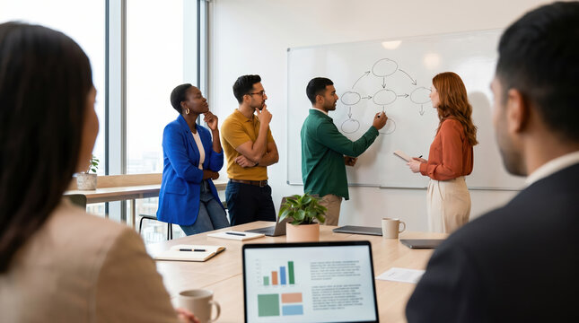 Business team discusses strategy at office whiteboard meeting