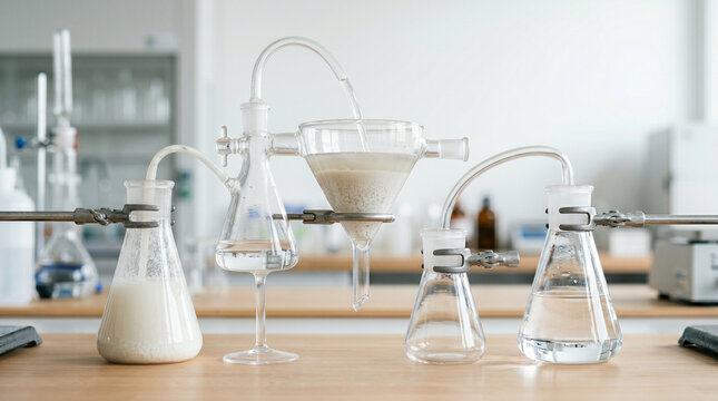 Scientific laboratory setup with glass flasks and filtering liquids