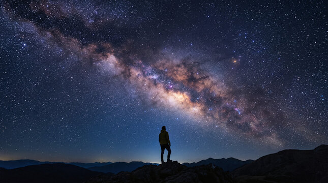 Silhouette of a person observing the galaxy in the night sky