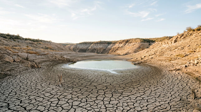 Extreme drought showing dry cracked earth and small puddle in empty reservoir