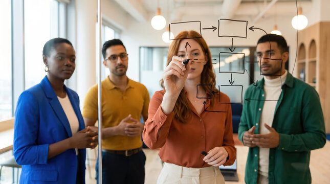 Business team planning project workflow on office whiteboard