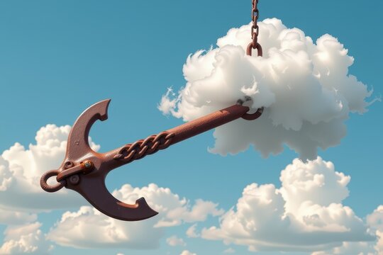Rusty anchor dangles from cloud via chain against blue sky
