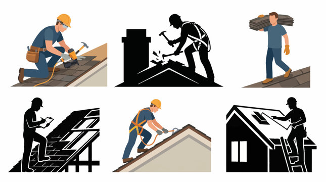 Professional vector collection featuring different roofer character poses, installing roof shingles, repairing rooftops, carrying roofing materials, inspecting roof structures