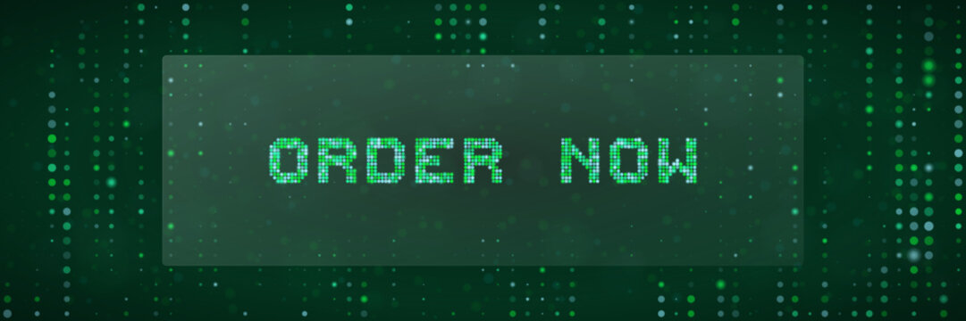 Order Now Digital Button with Green Matrix Code Background for E-commerce and Technology Web Design Concepts