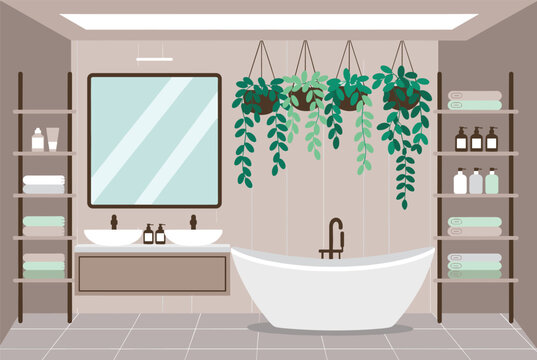 Luxurious bathroom interior design illustration includes a white soaking tub, double sinks, modern shelving, and lush plants.