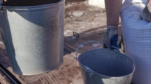 Farm workers loading rapeseed seeds into buckets before planting, preparation for sowing season, agriculture and canola crop production