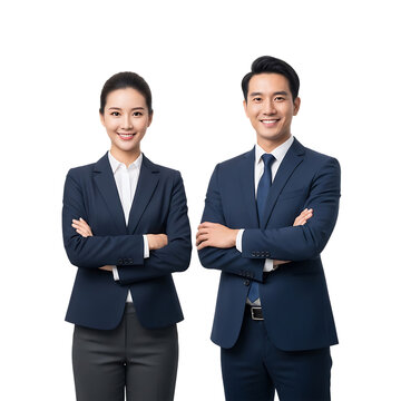 Professional asian business man and woman standing together isolated on transparent background