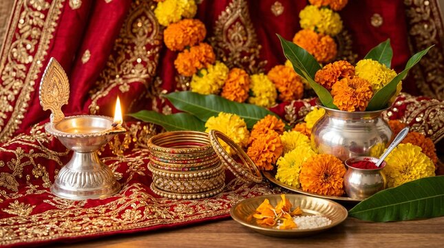a Silver Deepam Flame Reflecting on Gold Bangles and Silk Fabric with Golden Zari Borders for Varalakshmi Vratam Puja Festival