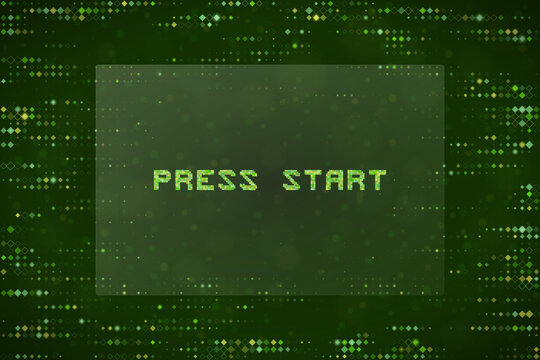 Retro Gaming Press Start Text Overlay on Digital Matrix Background for Video Game Interface and UI Design