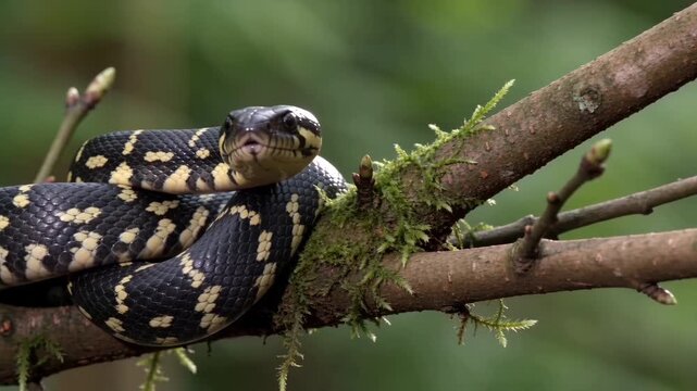 Wild Python Snake Perched On Mossy Tree Branch"