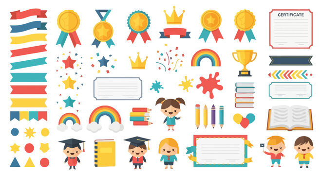 Educational award medals and school children icon collection