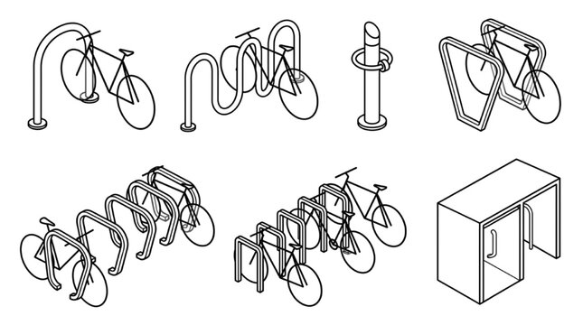 Minimalist technical drawing of isometric bicycle parking elements including secure bike lockers and u-racks