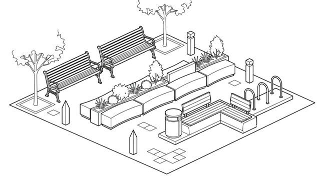 Isometric blueprint diagram of an urban plaza design layout integrating modular seating and pocket park elements
