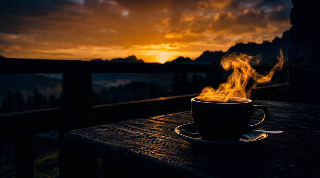 Hot coffee cup steaming on rustic wooden table against breathtaking mountain at sunset.