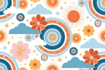Fototapeta premium Colorful retro pattern with sunbursts, clouds, flowers, and concentric circles in blue, orange, and pink for a 70s vintage vibe.
