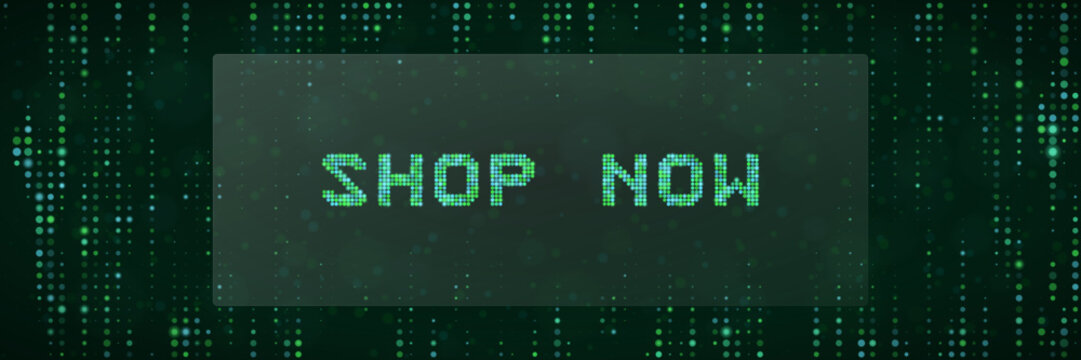 Digital Shop Now Button with Green Matrix Code Background for E-commerce Website Interface and Online Sales Promotion