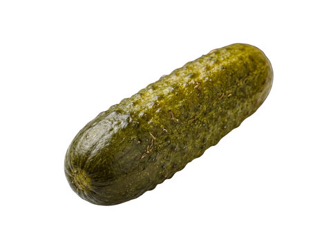 A solitary gherkin pickle, vividly green and textured, presented diagonally, isolated on a transparent background.