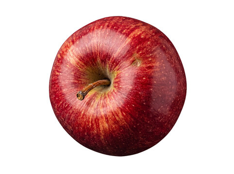 Top-down view of a vibrant red apple, showcasing its distinctive stem and rich color, photographed with precision.