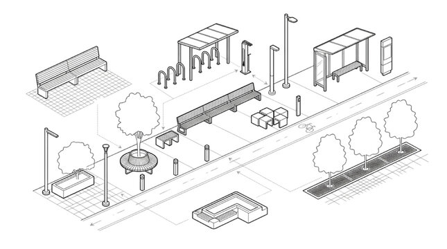 Technical vector drawing of an isometric urban streetscape design layout with bike lane and sidewalk elements