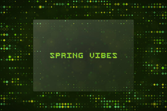 Spring Vibes Digital Pixel Art Background with Green Matrix Style Text for Seasonal Tech and Nature Concept Design