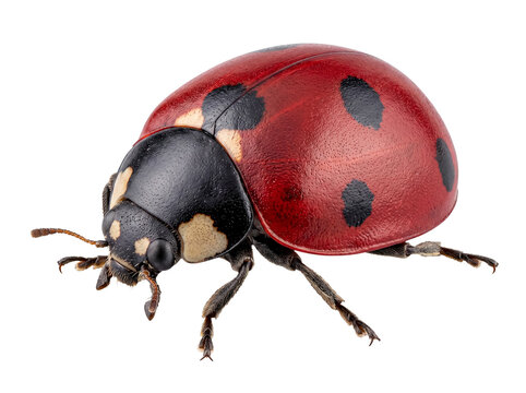 Close-up photograph of a vibrant red ladybug with black spots, isolated on a transparent background.