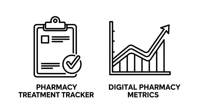 Pharmacy treatment tracker and digital healthcare metrics chart report icons