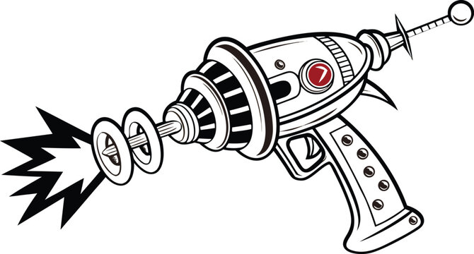 Retro ray gun vector illustration, vintage sci-fi blaster with red number seven, futuristic space weapon in comic book style