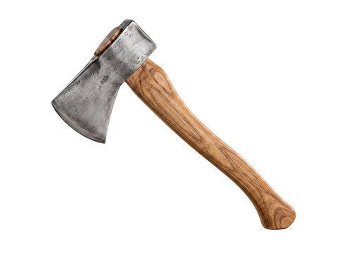 Old rustic hatchet axe with wooden handle, traditional chopping tool, isolated on transparent background.