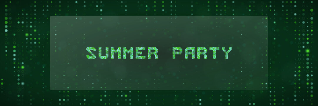 Digital Summer Party Text Banner with Matrix Code Background for Tech Event Invitation or Cyber Theme Celebration