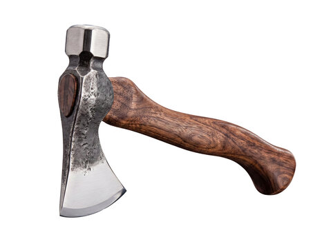 Sharpened hand forged hatchet with a textured metal head and rich wooden handle, on a transparent background.