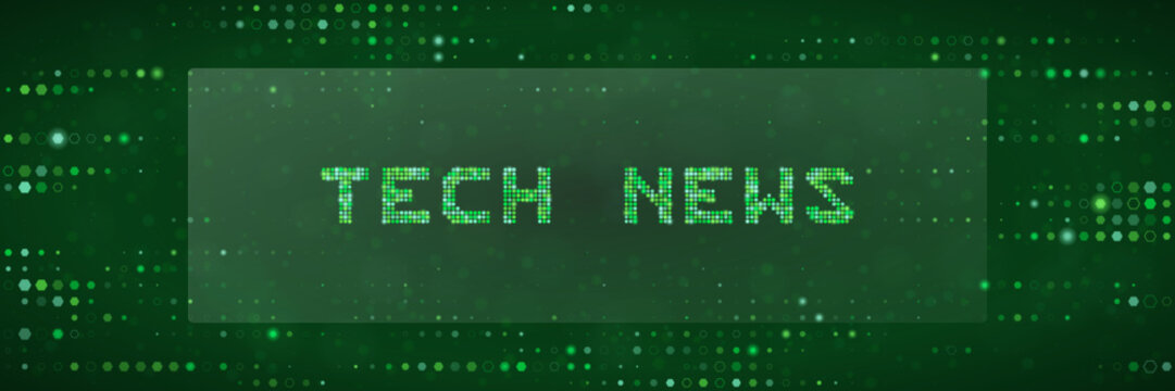 Digital Tech News Header Background with Green Matrix Pixel Typography for Technology Media and Cyber Communication