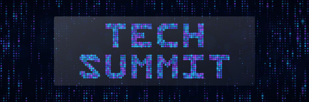 Tech Summit Digital Event Banner with Pixelated Typography and Data Stream Background for Technology Conference